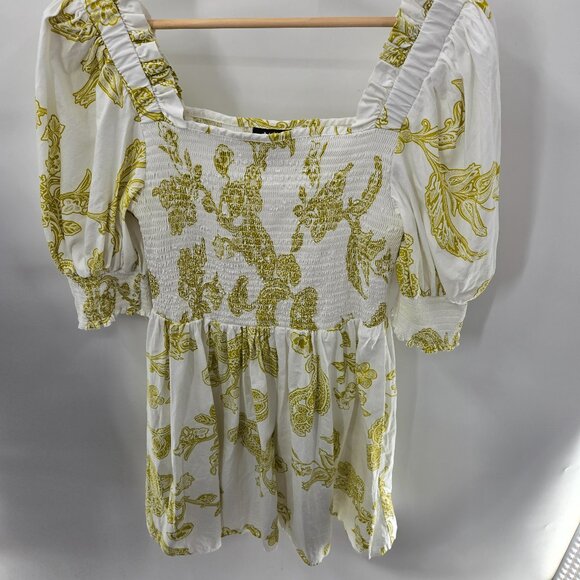 MSK White Gold Smocked 100% Cotton Made in India Puff Sleeved Mini Dress Medium - Picture 1 of 13